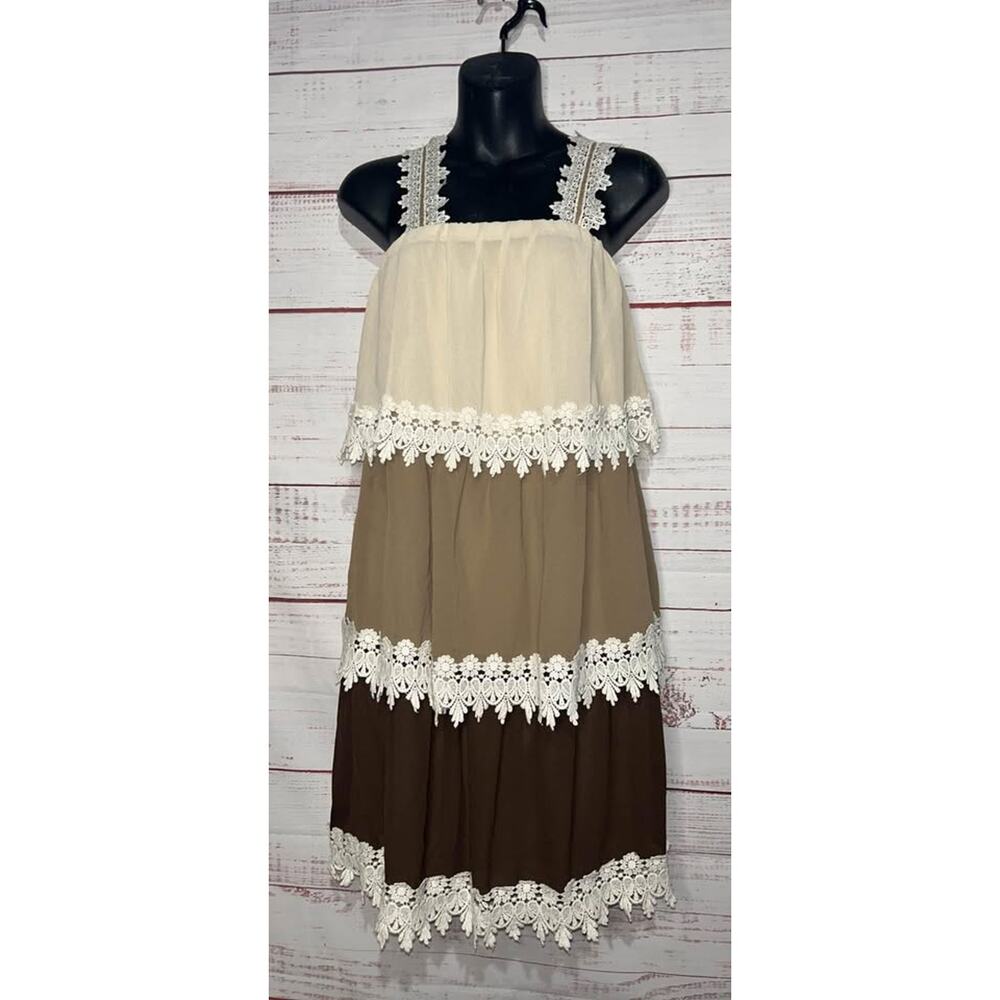 Miin Tiered Brown Boho Mini Dress Medium